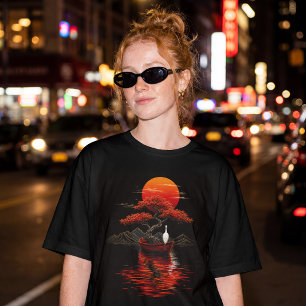 Camiseta Bonsai do Pôr do Sol Carmesim – Paisagem Zen Japon