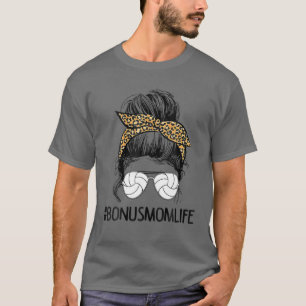 Camiseta Bônus de vôlei Mãe Vida Mensagem Bun Leopardo Mãe