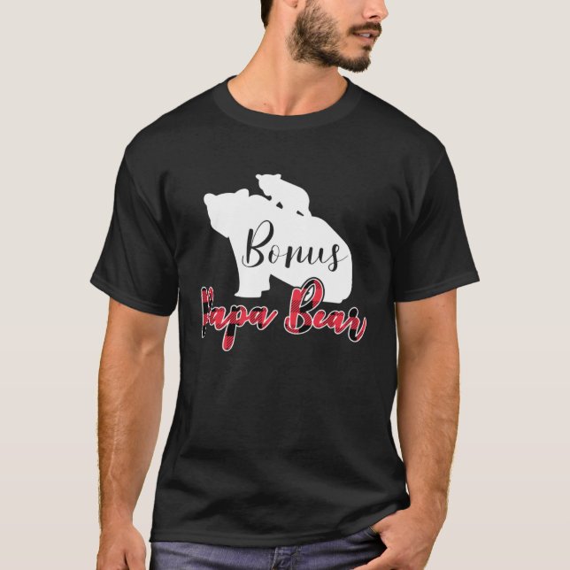 Camiseta Bonus Papa Bear Buffalo Plaid Stepdad Fathers Day  (Frente)