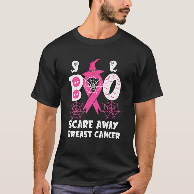 Camiseta Boo Assusta Fora do Cancer de Mama Fita Rosa (Frente)