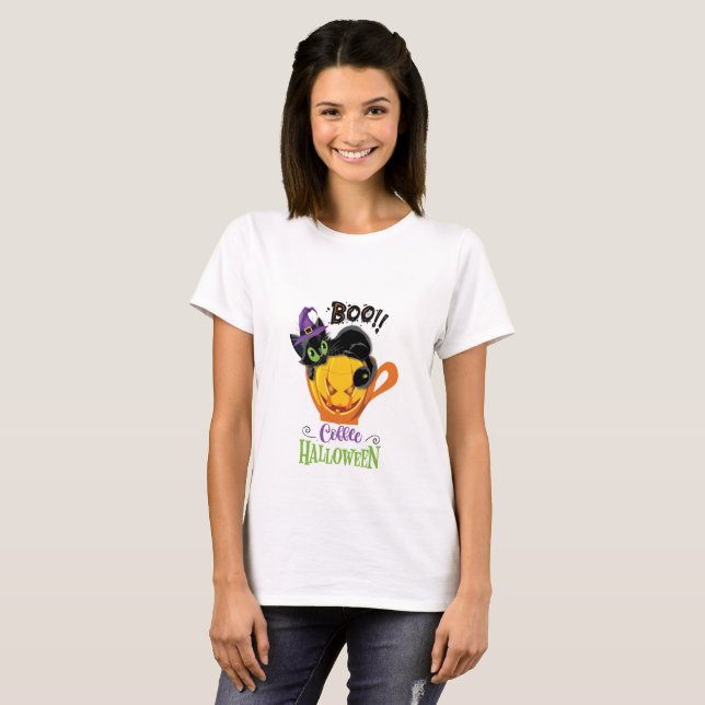 Camiseta Boo Black Cat, Assustador Pumpkin Café Halloween (Frente Completa)