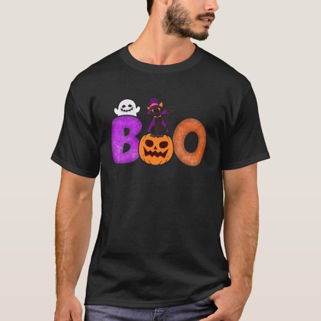Camiseta Boo Cat Pumpkin Halloween Ghost Costume Leopard (Frente)