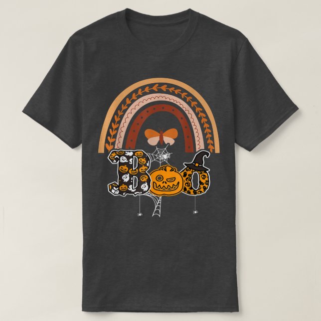 Camiseta Boo com aranhas e arco-íris 1 do Hat Halloween (Frente do Design)
