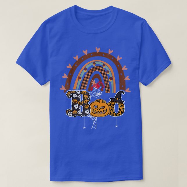 Camiseta Boo com aranhas e arco-íris 2 do Hat Halloween (Frente do Design)