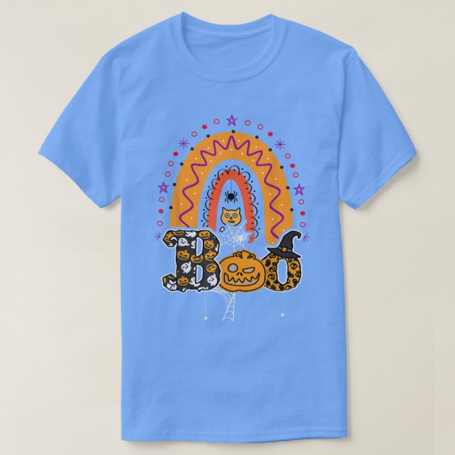 Camiseta Boo com aranhas e arco-íris 2 do Hat Halloween (Frente do Design)