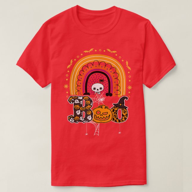 Camiseta Boo com aranhas e arco-íris 2 do Hat Halloween (Frente do Design)
