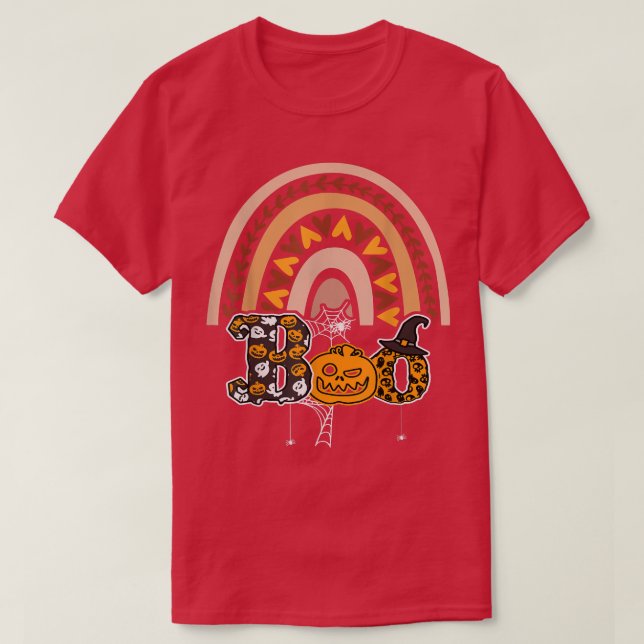 Camiseta Boo com aranhas e arco-íris 3 do Hat Halloween (Frente do Design)
