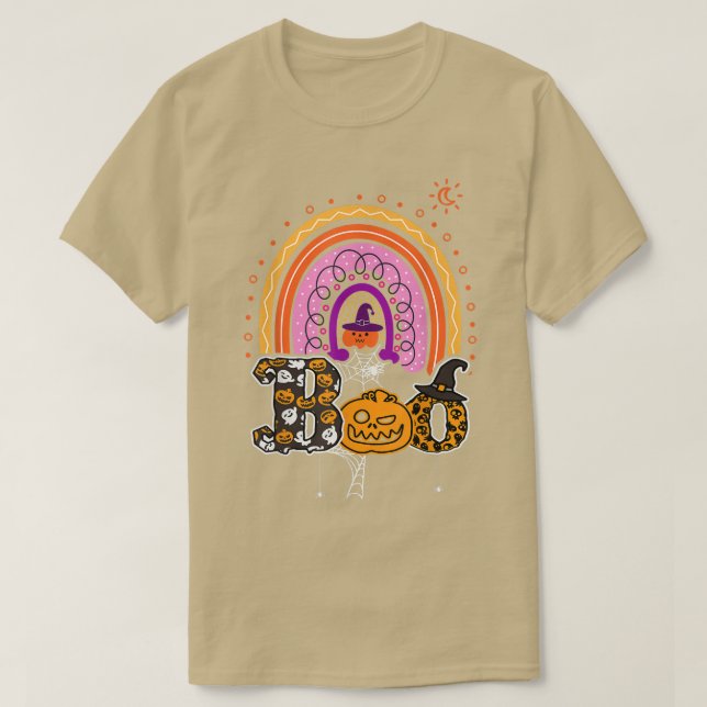 Camiseta Boo com aranhas e arco-íris 3 do Hat Halloween (Frente do Design)