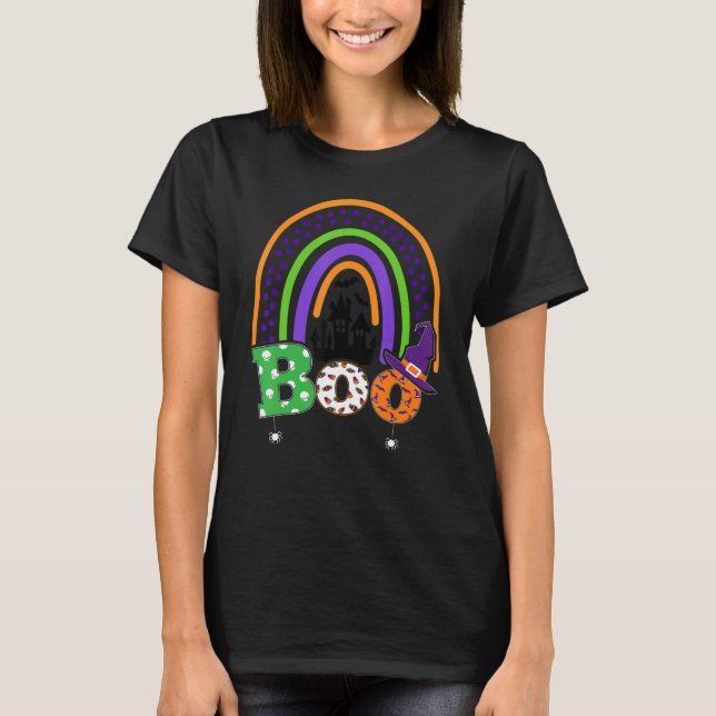 Camiseta Boo com aranhas e arco-íris de Dia das Bruxas (Frente)
