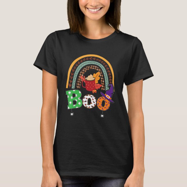 Camiseta Boo com aranhas e arco-íris de Dia das Bruxas (Frente)