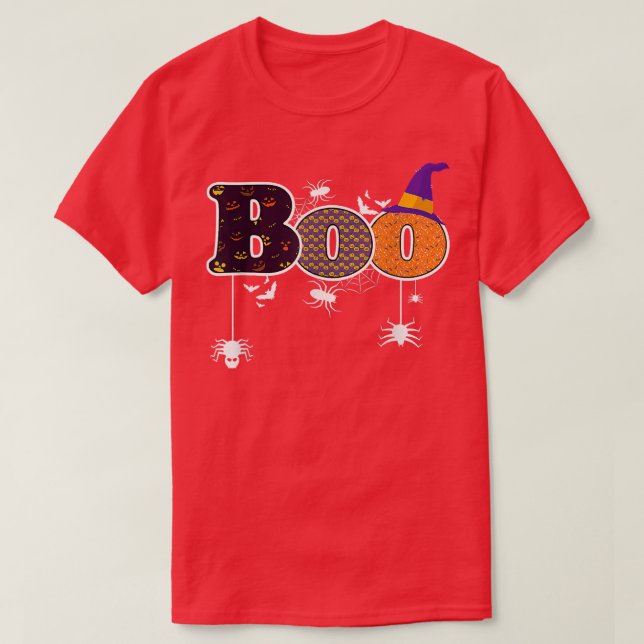 Camiseta Boo Com Aranhas E Meninos De Chapéu De Bruxas (Frente do Design)