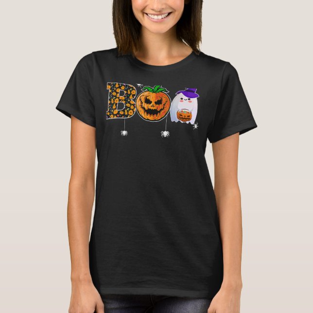 Camiseta Boo Com Aranhas Ghost Pumpkin E Witch Hat Hallo (Frente)
