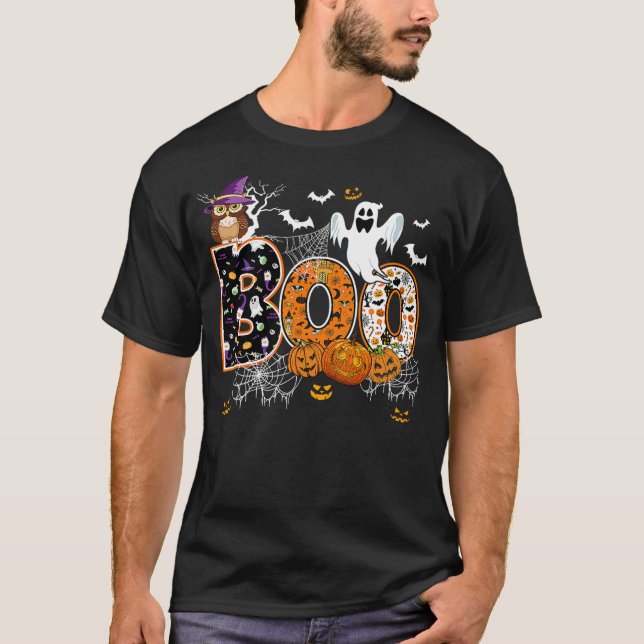 Camiseta Boo Creepy Owl Witch Pumpkin Ghost Halloween Men W (Frente)