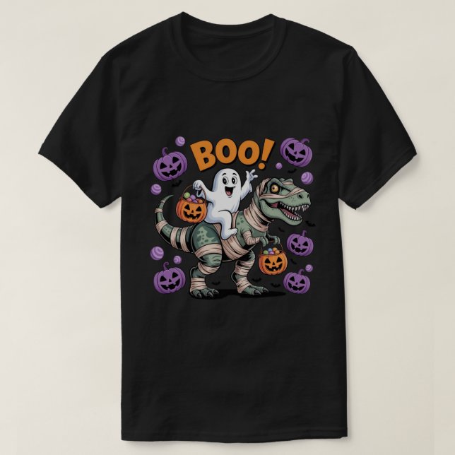 Camiseta Boo! Fantasma Bonita Andando Múmia T-Rex com Pumpk (Frente do Design)