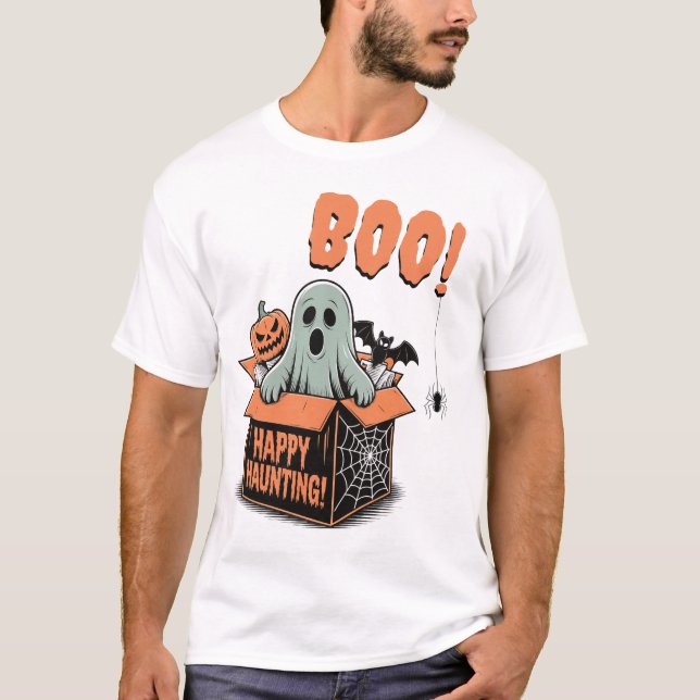 Camiseta BOO! Feliz Halloween Assombrando Fantasma (Frente)