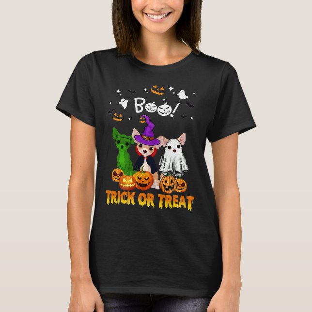 Camiseta Boo Ghost Chihuahua Trick ou Treine Halloween (Frente)