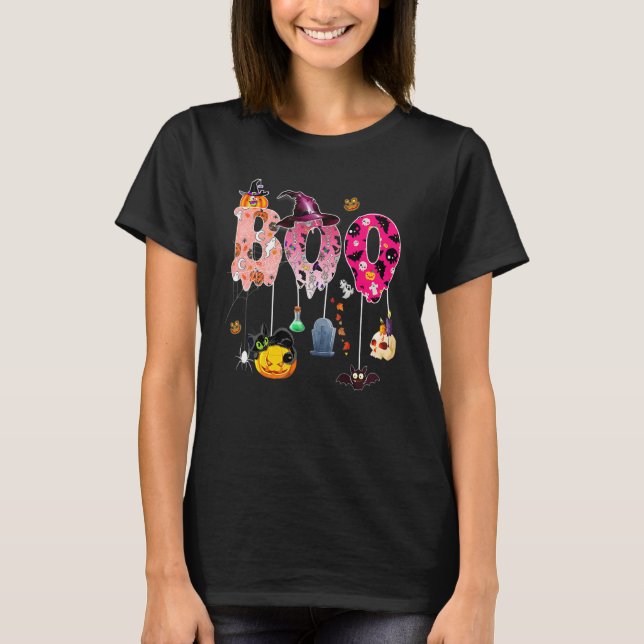 Camiseta Boo Halloween Costume Spiders Ghosts Pumpkin & Wit (Frente)