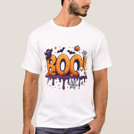 Camiseta BOO Halloween Letras Gotejantes com Fantasmas, Mor