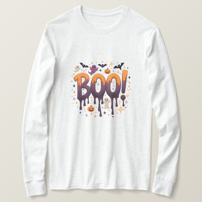 Camiseta BOO Halloween Letras Pingando com Fantasmas, Morce (Frente do Design)