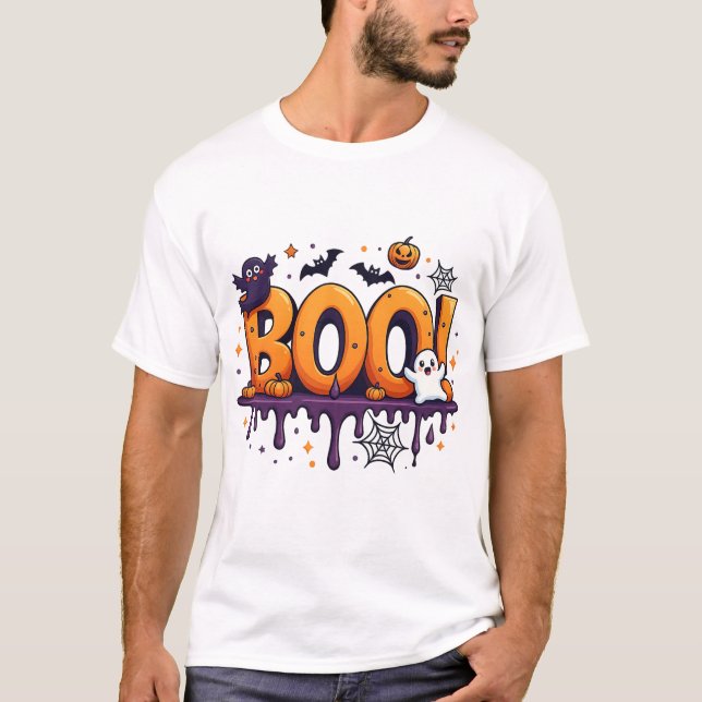 Camiseta Boo Halloween trazendo cartas com fantasmas, morce (Frente)