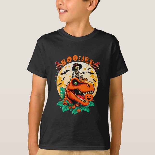 Camiseta Boo-Jee Halloween: T-Rex e Skeleton Fun Design! (Frente)