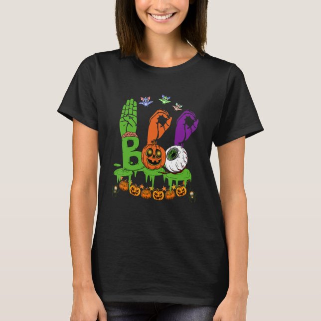 Camiseta Boo Mãos Símbolo Americano Orgulho Asl Hallowe (Frente)
