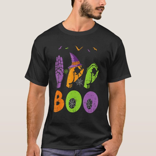 Camiseta Boo Mãos Símbolo Americano Orgulho ASL Hallowe (Frente)