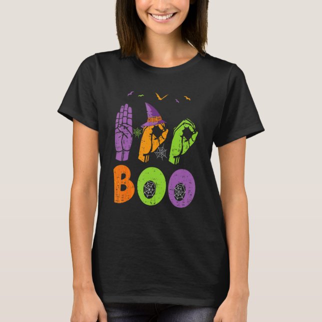 Camiseta Boo Mãos Símbolo Americano Orgulho ASL Hallowe (Frente)