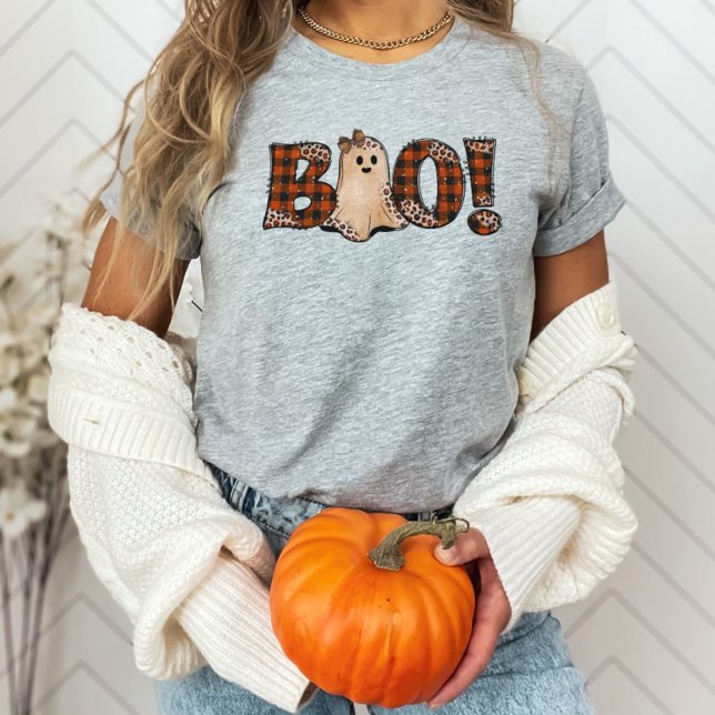 Camiseta Boo Orange Xadrez Halloween (Cute leopard print BOO Halloween shirt)