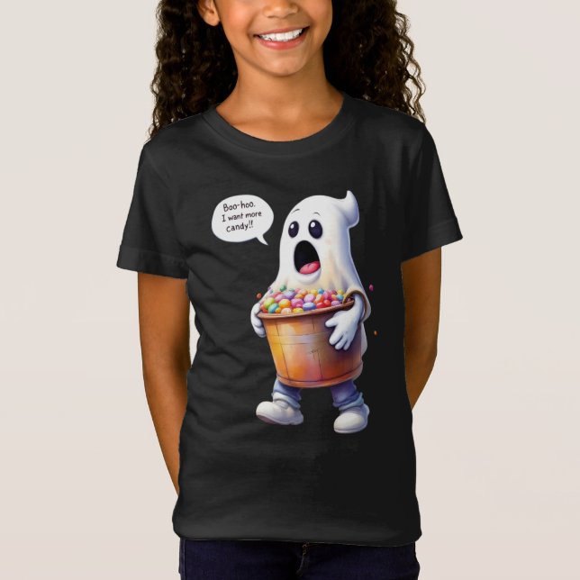 Camiseta Boo! Quero ainda mais doces! Fantasma com um balde (Frente)