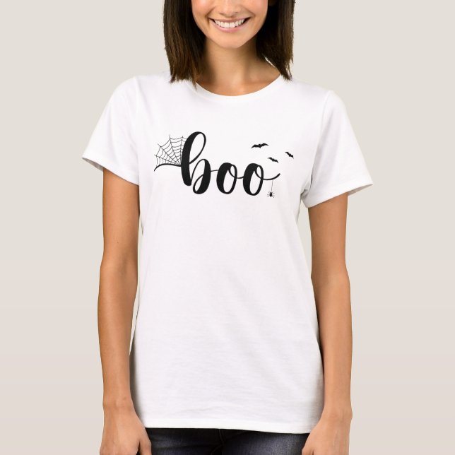 Camiseta Boo Script Spiderweb Bats Halloween Spooky (Frente)