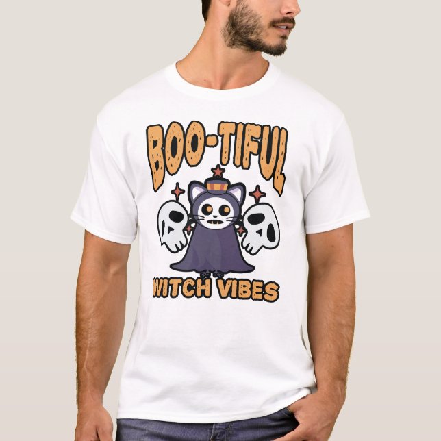 Camiseta Boo-tiful Witch Vibes – Cute Spooky Cat Halloween (Frente)