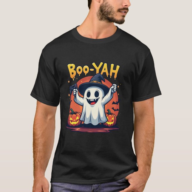 Camiseta Boo Yah Spooky Gamer Ghost com Hallowe de Controla (Frente)