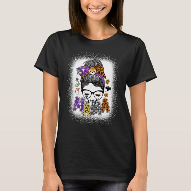 Camiseta Boojie Mama Halloween Monster Messy Bun Skull Mom  (Frente)
