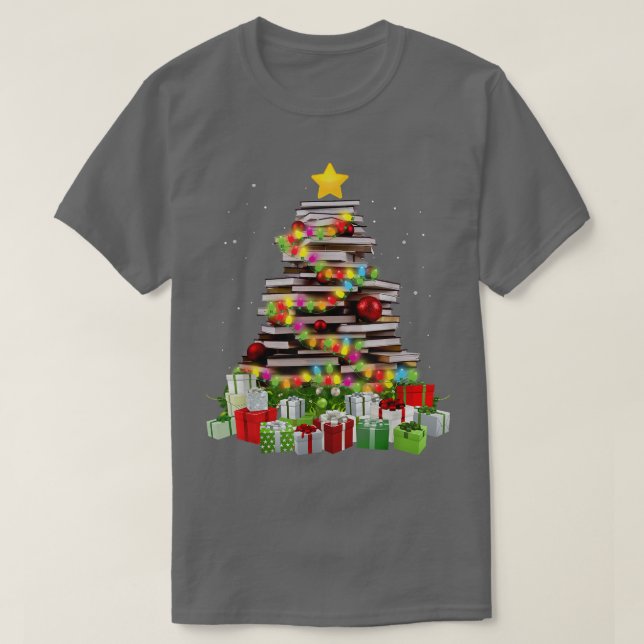 Camiseta Book Lover Christmas Tree Bookworm Bibliotecário C (Frente do Design)