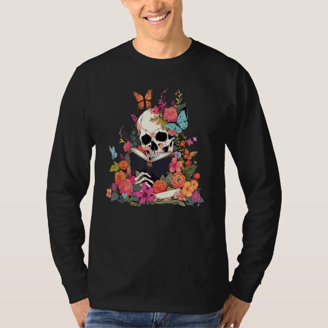 Camiseta Book Reading Skull Skeleton Flowers Floral Bookish (Frente)