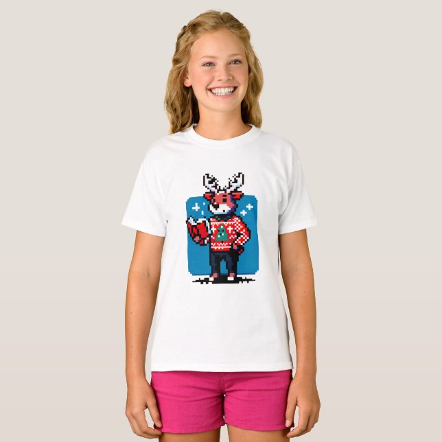 Camiseta Bookish Reindeer - Design de Natal Cozy Pixel Art (Frente Completa)