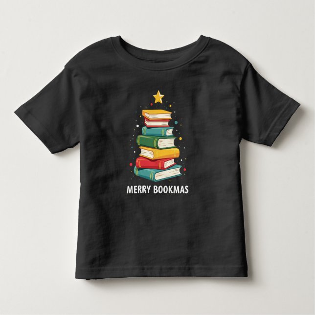 Camiseta Bookmas felizes - Pilha Festiva de Livros (Frente)