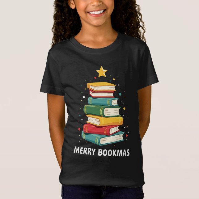 Camiseta Bookmas felizes - Pilha Festiva de Livros (Frente)