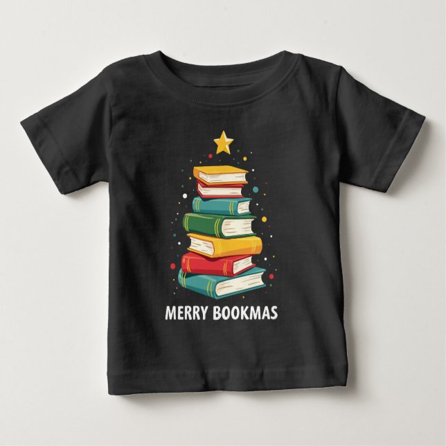 Camiseta Bookmas felizes - Pilha Festiva de Livros (Frente)