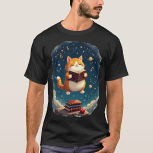 Camiseta Booktok Gato Cósmico Lendo no Espaço Constelações