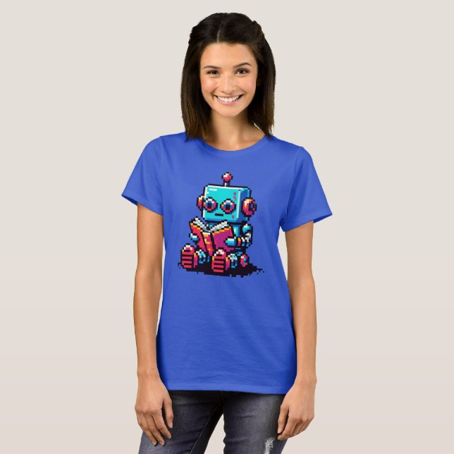 Camiseta Bookworm Robot - Design de leitura Sci-Fi Pixel Ar (Frente Completa)
