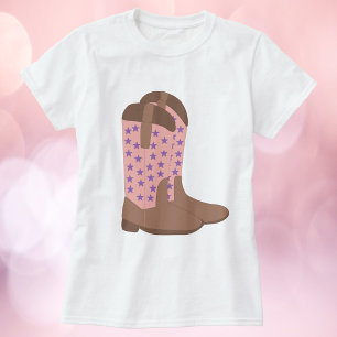 Camiseta Boots do Cowboy Estrelas Púrpura Rosa-Marrom