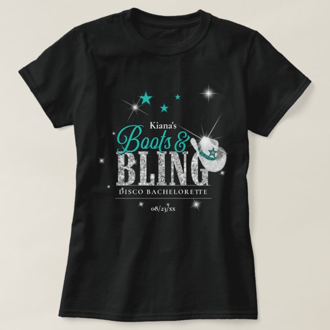 Camiseta Boots 'n Bling Disco Bachelorette Azul Teal ID925 (Frente do Design)