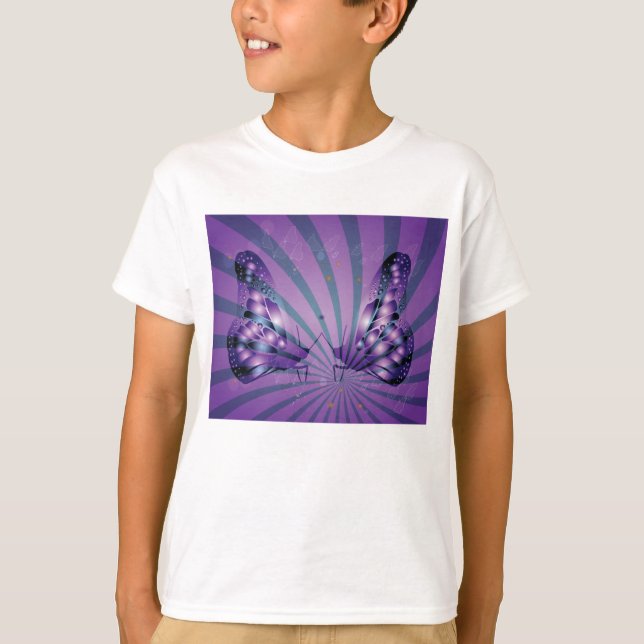 Camiseta Borboleta Abstrato roxa com Asas Radiantes (Frente)