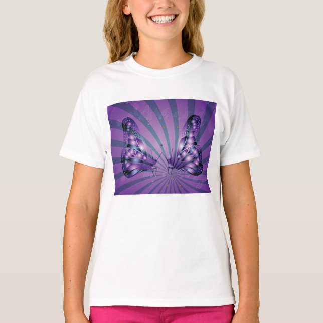 Camiseta Borboleta Abstrato roxa com Asas Radiantes (Frente)