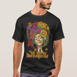 Camiseta Borboleta Afro-Cabelo Floral Negra