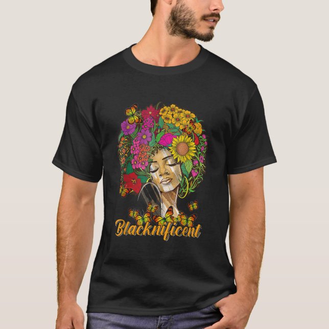 Camiseta Borboleta Afro-Cabelo Floral Negra (Frente)
