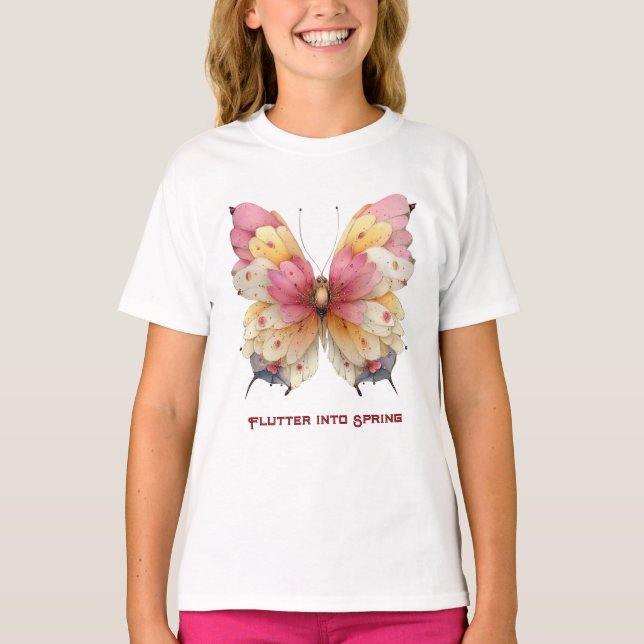 Camiseta Borboleta Amarela Rosa da Páscoa Chegando a Primav (Frente)
