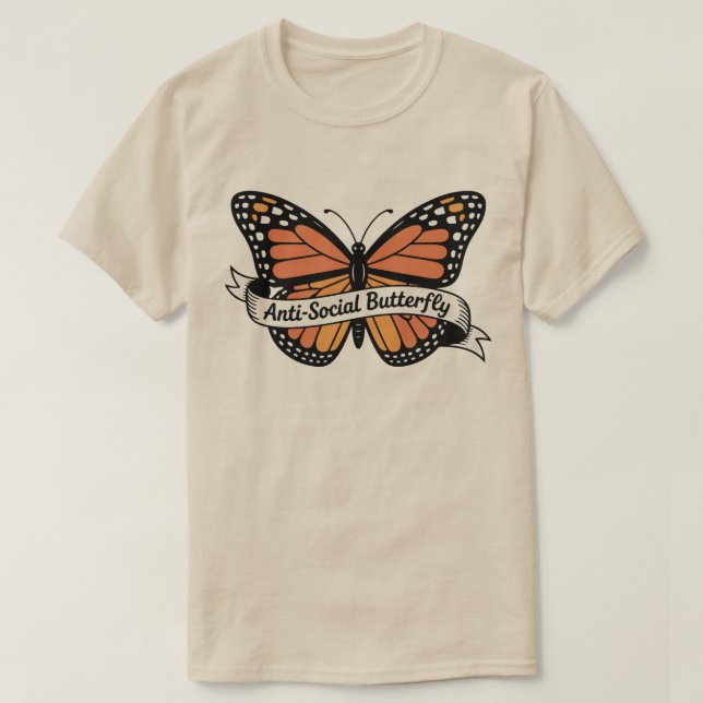 Camiseta Borboleta Antissocial & Adesivos – Presente de Con (Frente do Design)